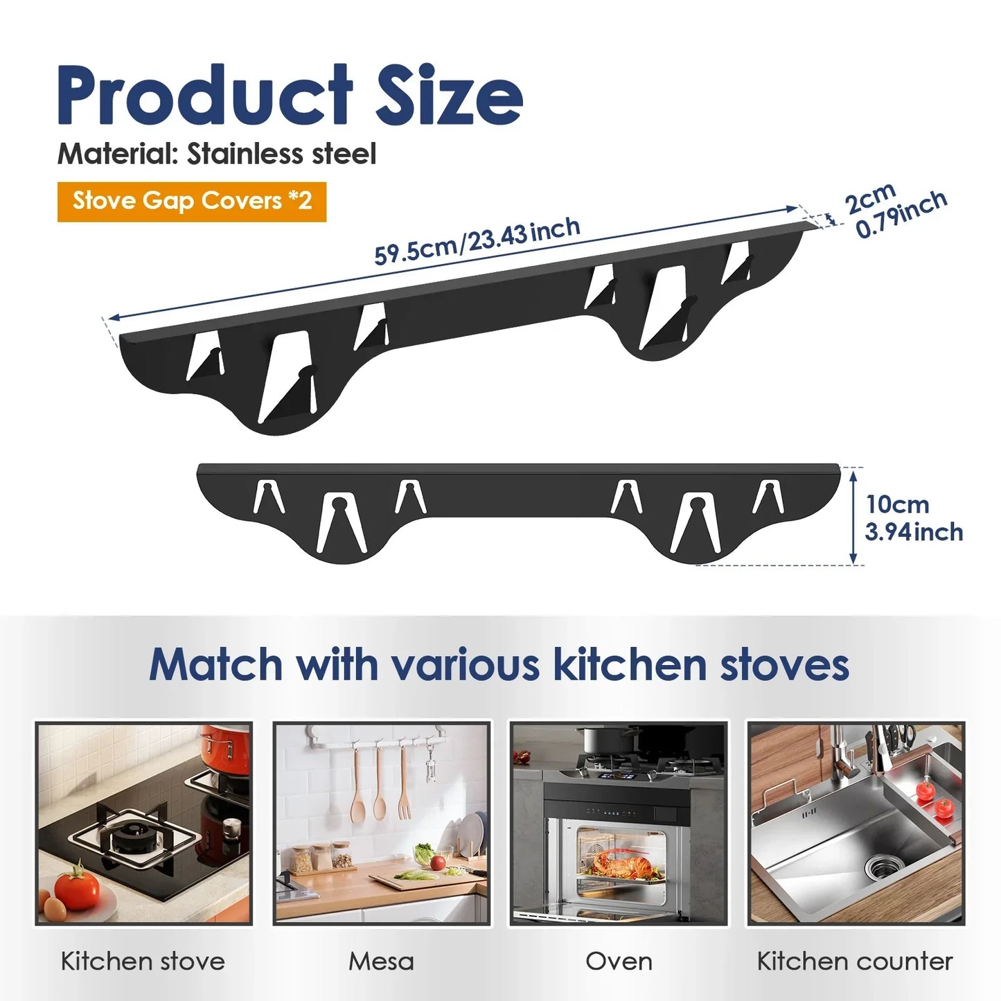 2Pcs Stainless Steel Stove Gap Cover Heat Resistant Kitchen Oven Gap Filler